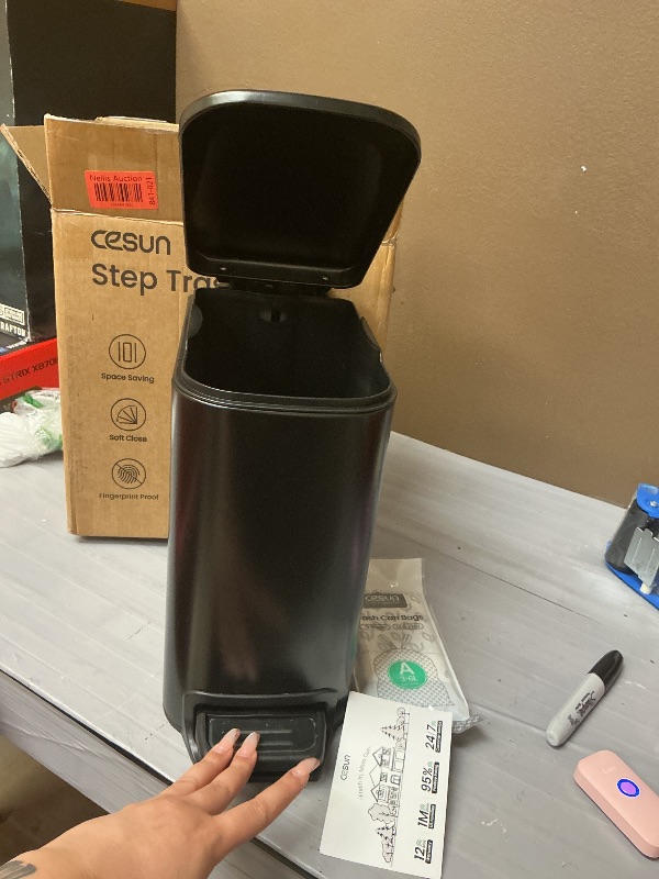 Photo 1 of SEE NOTES PICTURE……..Cesun Small Bathroom Trash Can with Lid Soft Close, Step Pedal, 6 Liter / 1.6 Gallon Stainless Steel Garbage Can with Removable Inner Bucket, Anti-Fingerprint Finish (Matt Black)