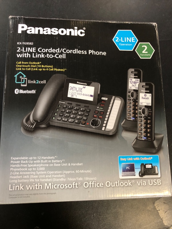 Photo 1 of Panasonic 2-Line Corded/Cordless Phone System with 2 Handsets - Answering Machine, Link2Cell, 3-Way Conference, Call Block, Long Range DECTu 6.0, Bluetooth - KX-TG9582B (Black)