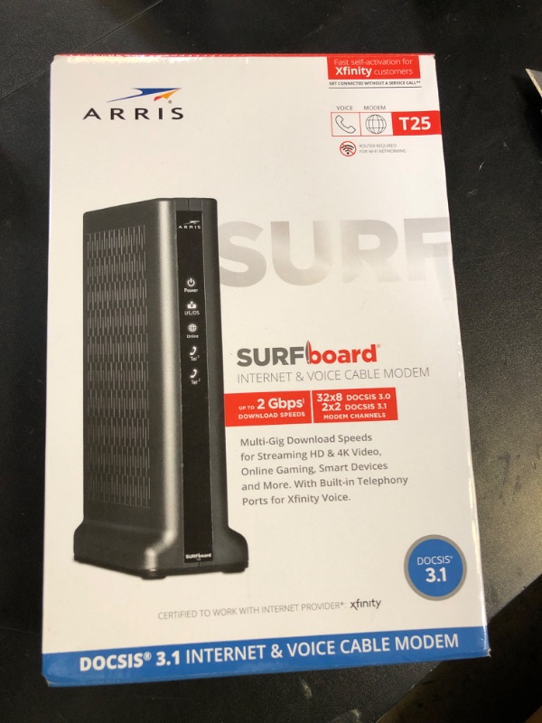 Photo 1 of ARRIS (T25) - Cable Modem - Fast DOCSIS 3.1 Gigabit Cable Modem , Comcast Xfinity Internet & Voice , Two 1 Gbps Ports, 800 Mbps Max with Xfinity Plan