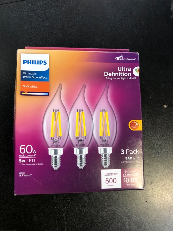 Photo 1 of PHILIPS LED 60W BA11 E12 Chandelier Bulbs 3-Pack Ultra Definition Soft White (2700K) 500 Lumen (5W = 60W) Dimmable Flicker-Free LED Candelabra Bulbs