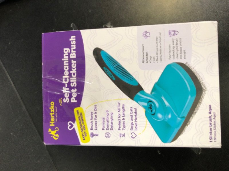 Photo 1 of Hertzko Dog Brush for Shedding - Self Cleaning Slicker Brush for Dogs and Cats - Gently Removes Loose Hair, Tangles, and Dirt - Grooming Brush Suitable for Long or Short Coats - Aqua