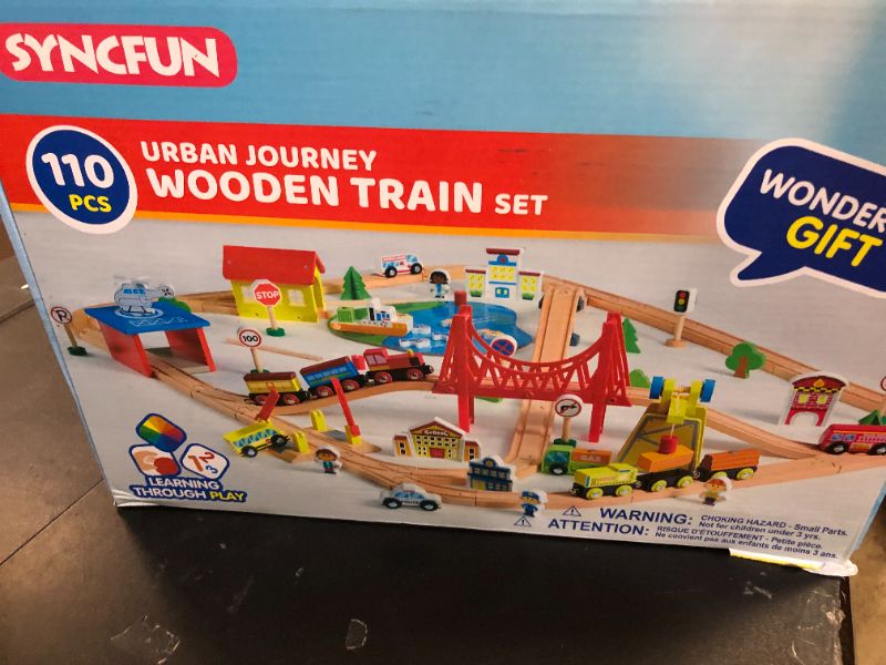Photo 1 of 110PCS Wooden Train Set - Urban Journey, City Scene Railway Set with Magnetic Trains, Cars, Helicopter & Ship, Perfect Christmas Birthday Toy Gift for Kids Toddlers Boys Girls Ages 3-8