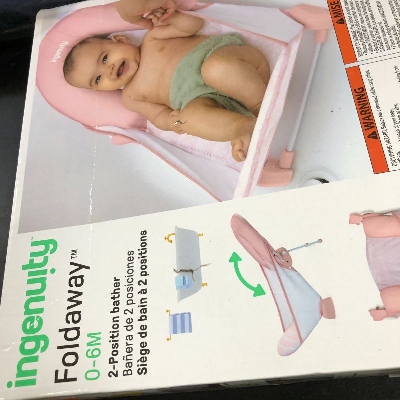 Photo 1 of Ingenuity Foldaway 2-Position Bather, 2-Position Adjustable Support Baby Bath seat for Sink or Bathtub, Ages 0-6 Months, up to 20 pounds, Pink