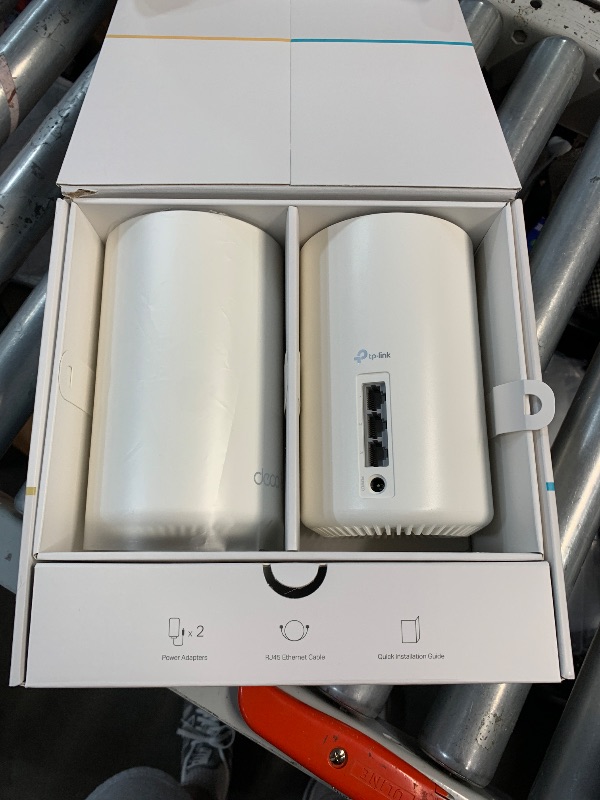 Photo 1 of (POWER TESTED) (USEDF/FAIR) TP-Link Deco AXE5400 Tri-Band WiFi 6E Mesh System(Deco XE75) - Covers up to 5500 Sq.Ft, Replaces WiFi Router and Extender, AI-Driven Mesh, New 6GHz Band, 2-Pack
