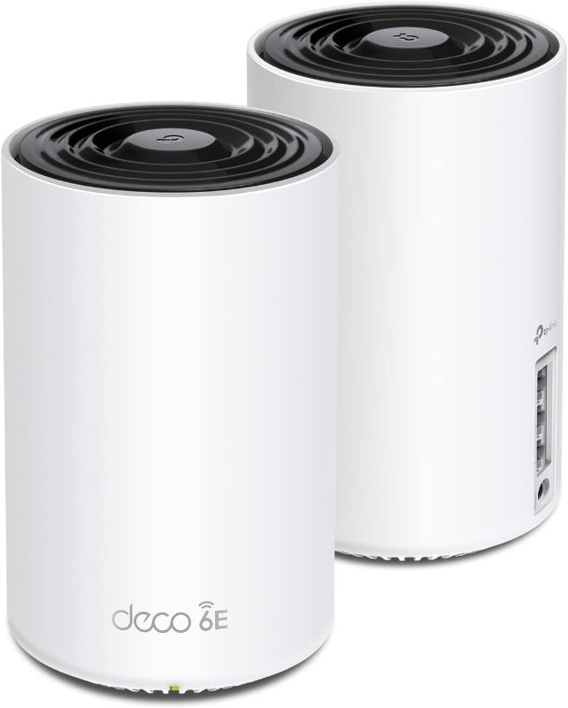Photo 1 of (POWER TESTED) (USEDF/FAIR) TP-Link Deco AXE5400 Tri-Band WiFi 6E Mesh System(Deco XE75) - Covers up to 5500 Sq.Ft, Replaces WiFi Router and Extender, AI-Driven Mesh, New 6GHz Band, 2-Pack

