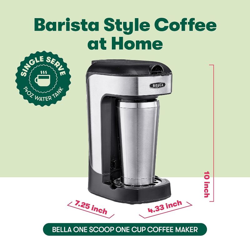 Photo 1 of (USED/FAIR) BELLA One Scoop One Cup Coffee Maker, Single Serve Brewer with Adjustable Drip Tray and Permanent Filter, Dishwasher Safe, Stainless Steel and Black