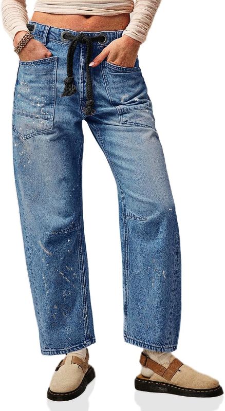 Photo 1 of *06* Cicy Bell Womens Baggy Barrel Horseshoe Jeans Wide Leg Drawstring Vintage Denim Pants with Front Pockets Navy