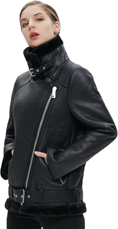 Photo 1 of (LARGE) (BAGGED) LY VAREY LIN Women's Faux Shearing Moto Jacket Thick Lined Parka Winter Shearling Coat Leather Jacket (L, Black)