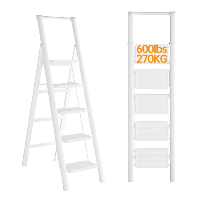 Photo 1 of ***DAMAGED - DENTED - NO PACKAGING - SEE PICTURES***
JOISCOPE 5 Step Ladder, Foldable Step Stools for Adults with Wide Anti-Slip Pedal, 600lbs Lightweight Sturdy Steel Ladder,Convenient Handgrip,Portable Folding Ladder for Home Kitchen Office,White