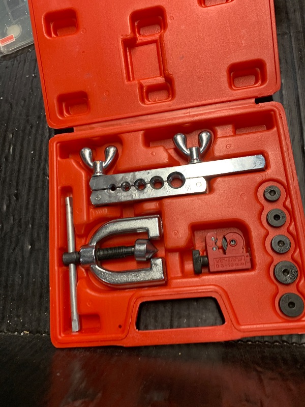 Photo 1 of Clatoon Brake Line Double & Single Flaring Tool Kit with Tubing Cutter, Brake Line Repair Kit for Copper, Aluminum, Brake Line and Brass Tubing, Flare Tool kit Includes 5 Adapters, 45 Degrees