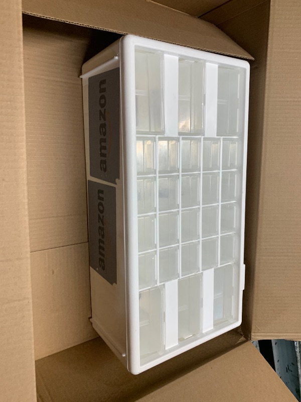 Photo 1 of (MISSING TWO PIECES) Akro-Mils 26-Drawer Plastic Drawer Storage Cabinet for Garage Organization, Bead Organizer, Building Bricks Storage, Teacher Toolbox, Makeup Organizer, 20-Inch W x 6-Inch D x 10-Inch H, 10124 White