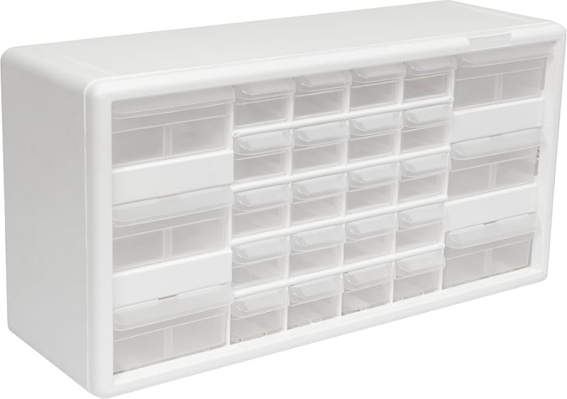 Photo 1 of (MISSING TWO PIECES) Akro-Mils 26-Drawer Plastic Drawer Storage Cabinet for Garage Organization, Bead Organizer, Building Bricks Storage, Teacher Toolbox, Makeup Organizer, 20-Inch W x 6-Inch D x 10-Inch H, 10124 White