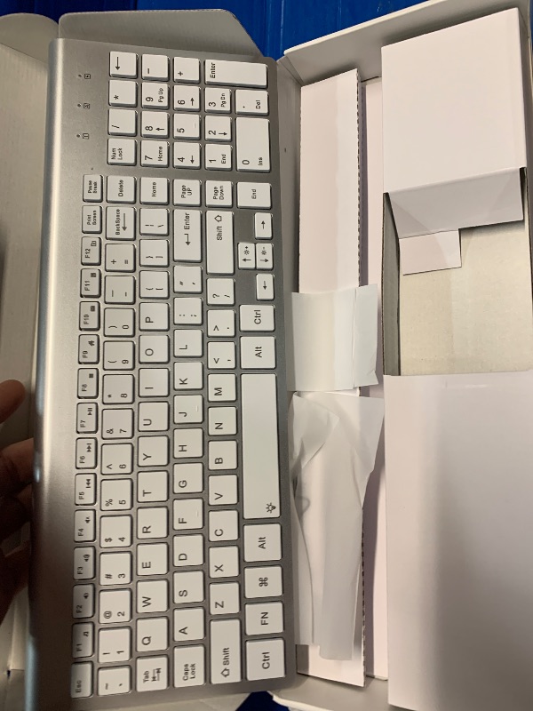 Photo 1 of ***MISSING MOUSE***J JOYACCESS Wireless Keyboard and Mouse Combo with 7 Backlit Options,Quiet Light Up Keys,Type-C Rechargeable,Sleep Mode-2.4G Slient Portable Cordless Combo for Laptop/PC/Computer/Mac(White+Sliver)