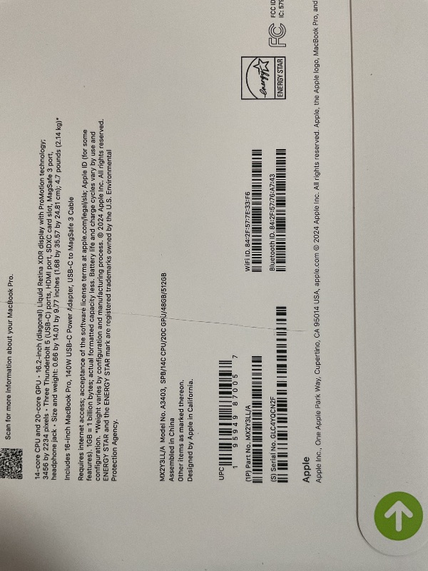 Photo 1 of *FACTORY SEALED*
Apple 2024 MacBook Pro Laptop with M4 Pro, 14?core CPU, 20?core GPU: Built for Apple Intelligence, 16.2-inch Liquid Retina XDR Display, 48GB Unified Memory, 512GB SSD Storage; Space Black