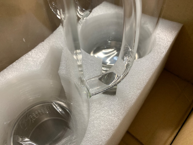 Photo 1 of ***(MINOR DAMAGE/ SEE NOTES)***
2 Pack 1.2 Liter 40 oz Small Glass Pitcher with Lid and Spout, Glass Carafe Water Pitcher for Hot/Cold Water, Iced Tea, Drinks, Coffee, Juice and Homemade Beverage