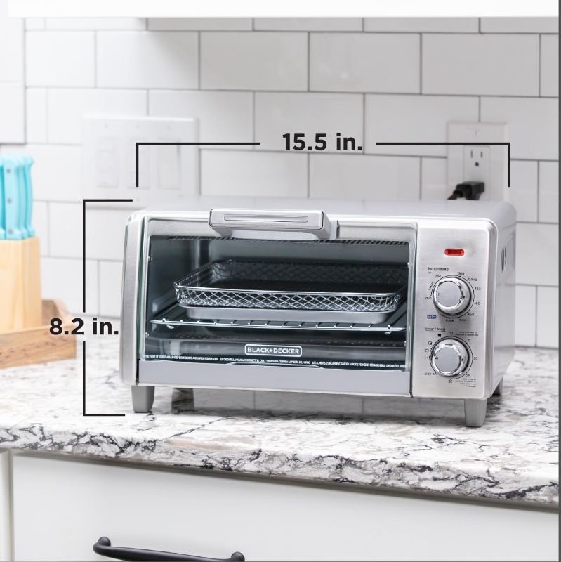 Photo 1 of (PARTS) (POWERS ON BUT WONT HEAT) BLACK+DECKER Crisp 'N Bake Air Fry Countertop Convection Toaster Oven, Medium Capacity, 4-Slice, 5-in-1, Fits 9” Pizza, 30-Min Timer, Bake, Broil, Air Fry, Toast, Keep Warm, Stainless Steel