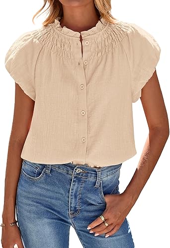 Photo 1 of BTFBM Womens Casual Tops Dressy Summer Outfits 2025 Puff Short Sleeve Blouse Ruffle Neck Business Work Button Down Shirt APRICOT SIZE LARGE