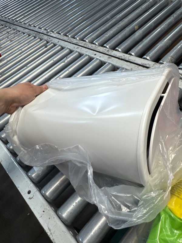 Photo 1 of **Minor Indents and lid damage**
Anzoymx Stainless Steel Bathroom Trash Cans 1.8 Gallons Small Garbage Can with Pop up Lid, Dog Proof Narrow Wastebasket, Slim Waterproof Litter Trash Bins Set for Bedroom, Toilet, Office (White)