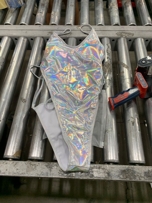 Photo 1 of YAUASOPA Sexy Liquid Metallic Glitter One piece Push Up Swimsuit Female Shiny Solid High Cut Beachwear (Small, Light Silver)