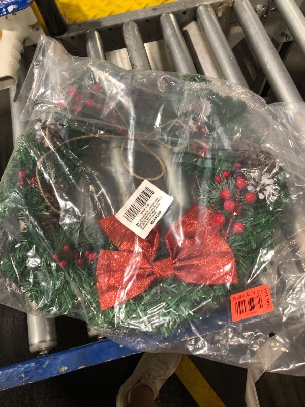 Photo 1 of ****USED***Small Wreath***Christmas Wreath, Pre-Lit Artificial Christmas Wreath, Decorated with Pine Cones, Red Berries, Cotton, 50 LED Lights, for Indoor and Outdoor Christmas Decorations16 Inches (Bow Style)       