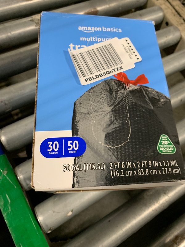 Photo 1 of Amazon Basics 30 Gallon Flextra Strength Multipurpose Drawstring Trash Bags, 20% Post Consumer Recycled, 50 count