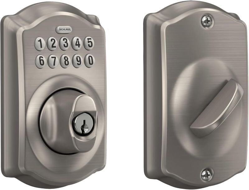 Photo 1 of 
Schlage BE365 V CAM 619 Camelot Keypad Deadbolt, Electronic Keyless Entry Lock, Satin Nickel