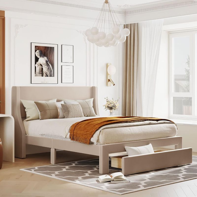 Photo 1 of *** SIMILAR PRODUCT ***Solid Wood Platform Bed with Storage, Queen Size Storage Bed with Sturdy Wooden Slats Support, Velvet Upholstered Platform Bed Frame with a Big Drawer for Bedroom, Guest Room (Gray, Queen),Modern sty