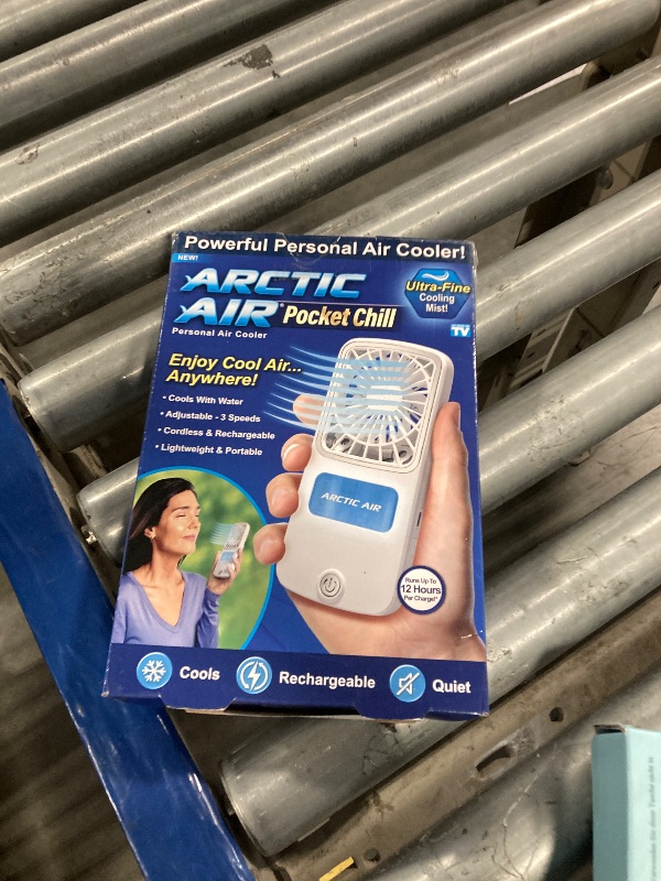 Photo 1 of     Arctic Air Portable Fan, Pocket Chill Handheld Mini Fan, Rechargeable Personal Air Cooler with Hydro-Chill Technology, 3 Speeds & Built-in-Kickstand, Cordless for Travel, Indoor or Outdoor Use