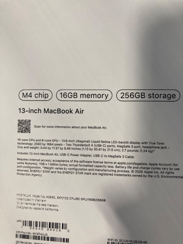 Photo 1 of ***FACTORY SEALED, OPEN FOR INSPECTION***
Apple 2025 MacBook Air 13-inch Laptop with M4 chip: Built for Apple Intelligence, 13.6-inch Liquid Retina Display, 16GB Unified Memory, 256GB SSD Storage, 12MP Center Stage Camera, Touch ID; Sky Blue