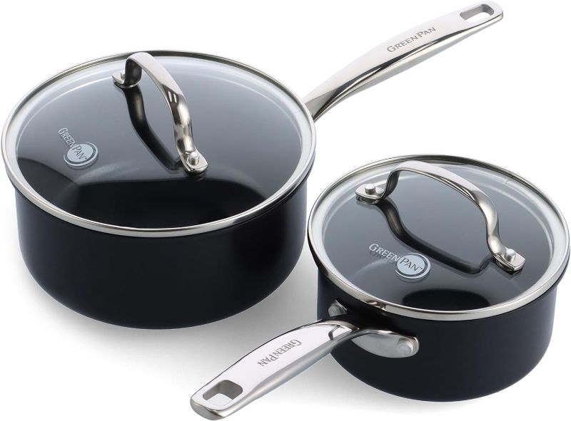 Photo 1 of 
GreenPan Prime Chatham 1QT & 2QT Saucepan Pot Set with Glass Lids, Hard Anodized Diamond Infused Ceramic Nonstick, PFAS-Free, Dishwasher Safe, Oven Safe...