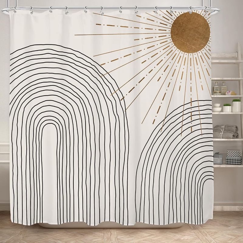 Photo 1 of    KOMLLEX Boho Abstract Sun and Arches Shower Curtain Mid Century Rainbow Minimalist Aesthetic Sunshine Modern Fabric Waterproof Polyester 12 Pack Hooks Beige Black 60Wx72H Inches Bathroom Decor