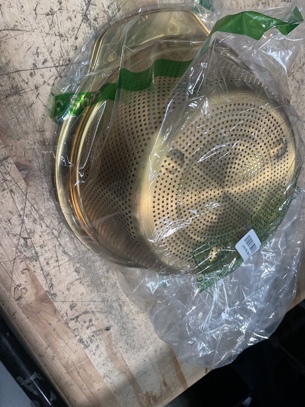 Photo 1 of 304 Stainless Steel Microporous Colander with Handle, Rice Washers Microporous Strainer Set For washing vegetables, fruits and rice, and draining cooked pasta(3.5QT with handle-Gold)