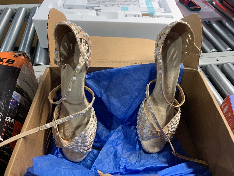 Photo 1 of ***(HEAVILY USED/ MINOR DAMAGE)***
AOQUNFS Women's Ballroom Dance Shoes Rhinestone Latin Salsa Performance Dancing Shoes,L429,Beige-7.5,US 9.5