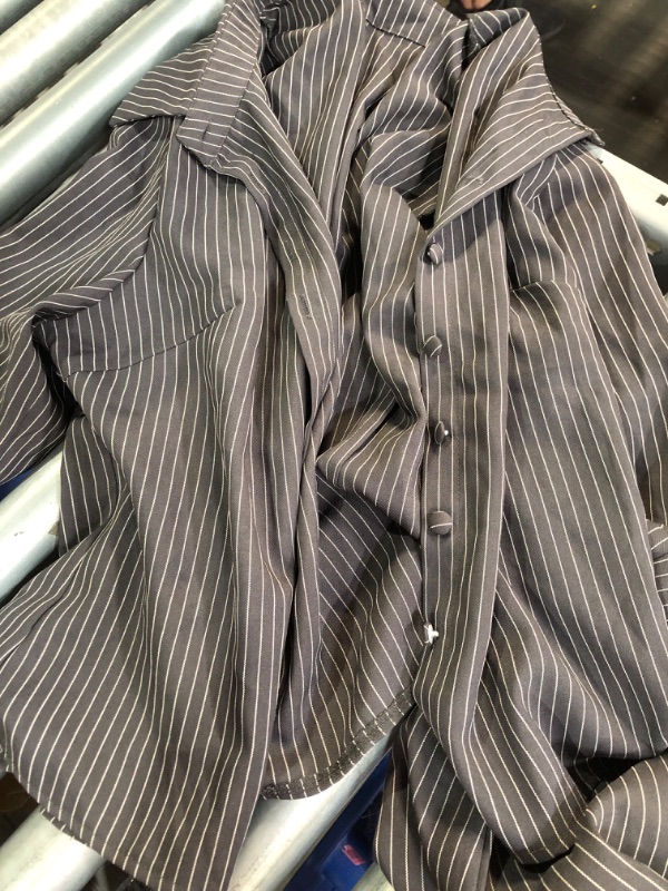 Photo 1 of (see all images) Women Striped Fitted Button Down Shirts Bell Long Sleeve Shirt Office Work Blouse Tops Dark Grey L