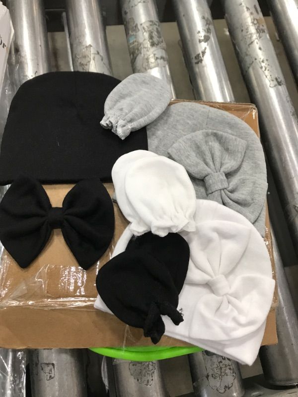 Photo 1 of ** SEE NOTES ** BQUBO Newborn Baby Girls Hats Mittens Set Hospital Hat Beanie Infant Bow Hats Baby Cotton Gloves No Scratch Mittens for 0-6 Months
