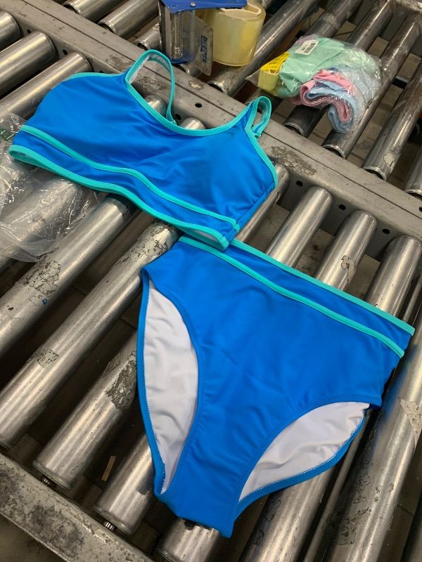 Photo 1 of Blooming Jelly Womens High Waist Bikini Sets Sporty Color Block Two Piece Swimsuits Scoop Neck Cheeky Bathing Suits (Medium, Blue)