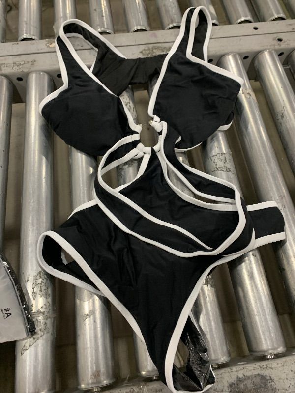Photo 1 of Favnac Women's Deep V Neck One Piece Swimsuit Sexy Cut Out Bathing Suit O-Ring Swimwear Black White Medium