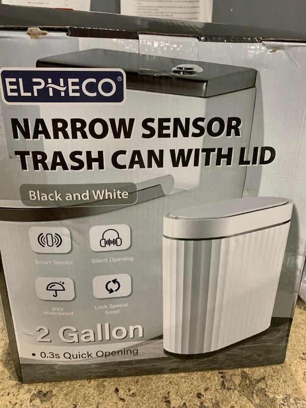 Photo 1 of ELPHECO Bathroom Trash Can with Lid 2 Gallon Small Sensor Garbage Can, 9 Liter Slim Smart Trash Bin, Waterproof Automatic Wastebasket, Narrow Plastic Garbage Bin for Bathroom, Black and White