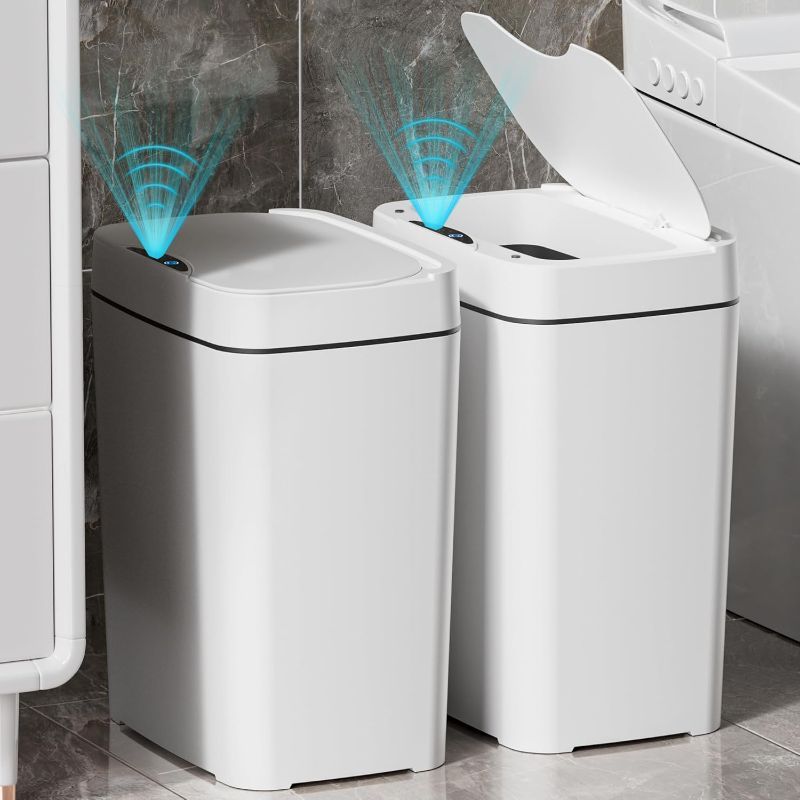 Photo 1 of 2 Pack 2.7 Gal Bathroom Trash Can with Lid, Automatic Trash Can Small Smart Garbage Can Touchless, Slim Motion Sensor Waterproof Plastic Trash Bins for Bedroom Office Kitchen Toilet
