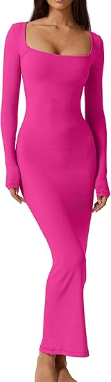 Photo 1 of QINSEN Women's Long Maxi Dress Square Neck Long Sleeve Ribbed Bodycon Lounge Dresses medium
