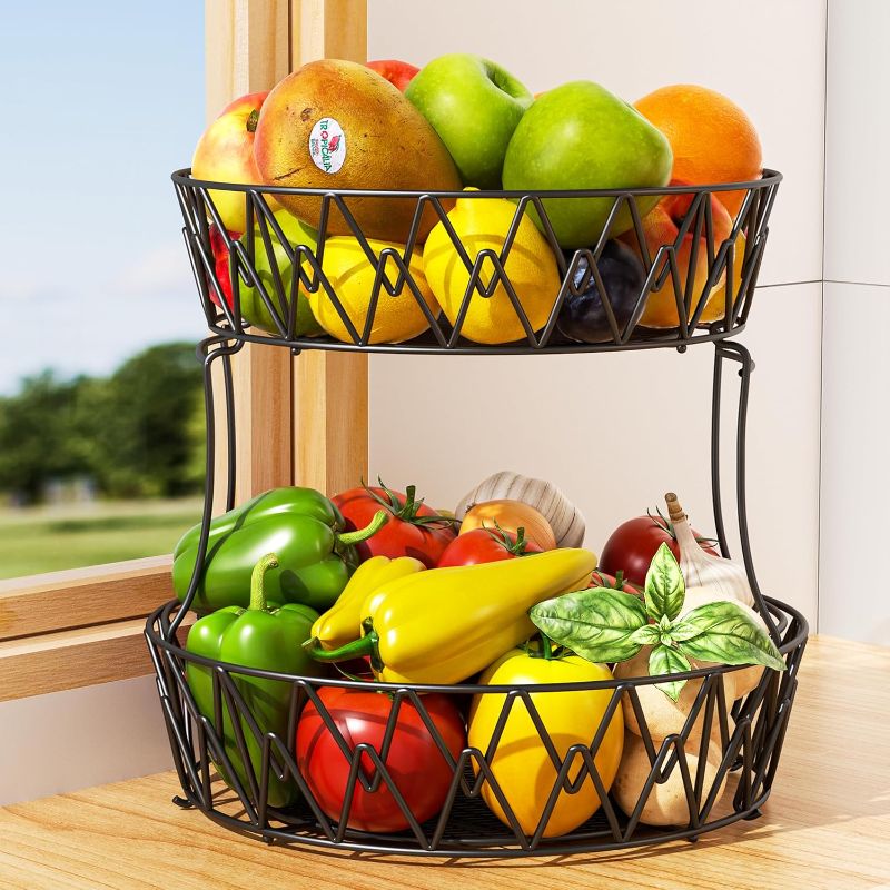 Photo 1 of 2-Tier Wire Fruit Basket for Kitchen Counter,Corner Fruit Stand Stackable,Two Tier Vegetable Holder for Kitchen,Countertop Metal Fruit Rack Storage for Fruits,Veggies,Snacks,Onions,Round.