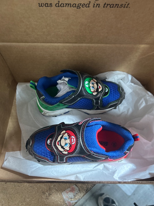 Photo 1 of SUPER MARIO Light-Up Running Shoes for Boys, Mario & Luigi Mismatch Sneaker with Hook-and-Loop Strap, Black/Blue, Little Kid Size 10
