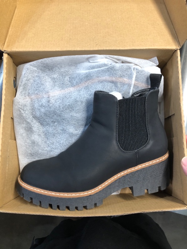 Photo 1 of (USED/FAIR) (6.5) DECARSDZ Womens Black Chunky Platform Chelsea Boot With Elastic Low Wedge Heel Slip On For Fall Work Suede Leather Classic Style Ankle Boots Women
