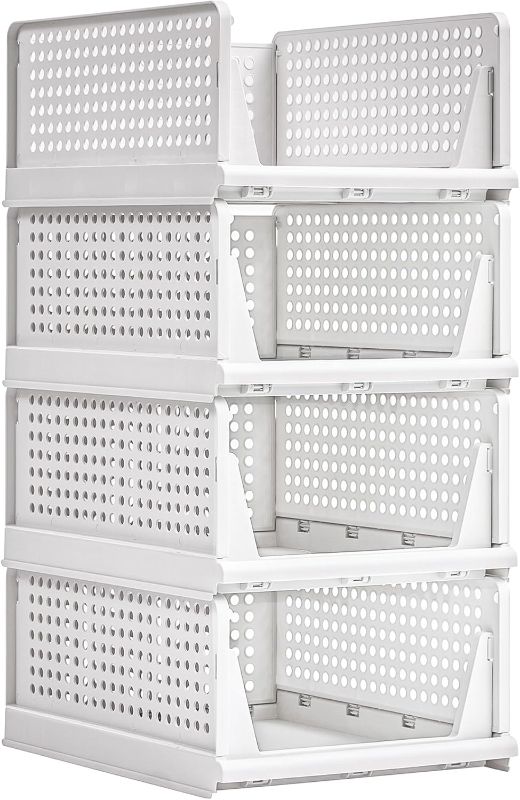 Photo 1 of VECELO 4 Pack Plastic Closet Shelf Organizer, Stackable Sweater Storage Closet Drawers, Foldable Wardrobe Organizer, Easy Assembly, Durable and Space Saving for Closet, Bathroom, Kitchen, Gray
