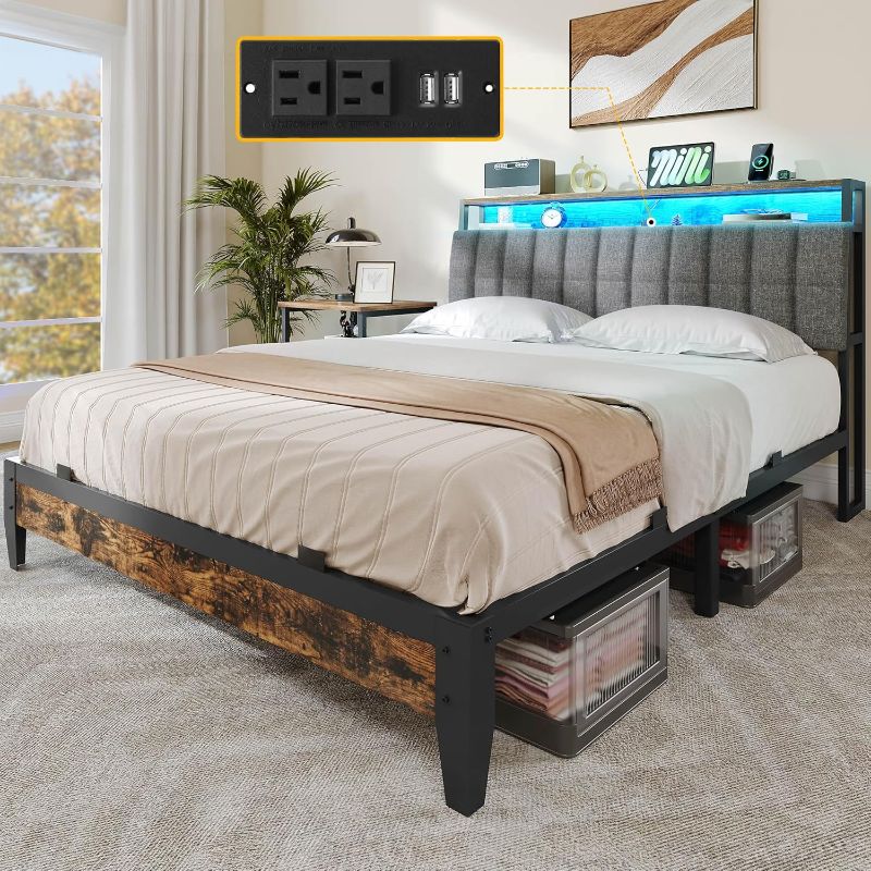 Photo 1 of YITAHOME Full Size Bed Frame with Charging Station, 2-Tier Storage Headboard with RGB LED Lights, Linen Upholstered Platform Bed Strong Wooden Slats, No Box Spring Needed Noise Free, Rustic Brown
