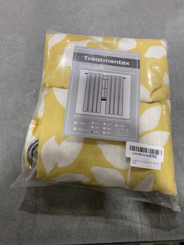 Photo 1 of Treatmentex Yellow White Curtains for Living Room 63" Length Leaves Print Semi-Sheers Curtains for Kid's Room Windows, Mustard Yellow, Grommet Top, 2 Pack