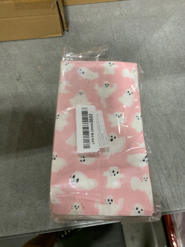 Photo 1 of Whaline 100Pcs Halloween Ghost Guest Napkins Pink Ghost Boo Cute Cartoon Disposable Dinner Hand Towel Paper Napkins for Bathroom Birthday Baby Shower Party Table Supplies
