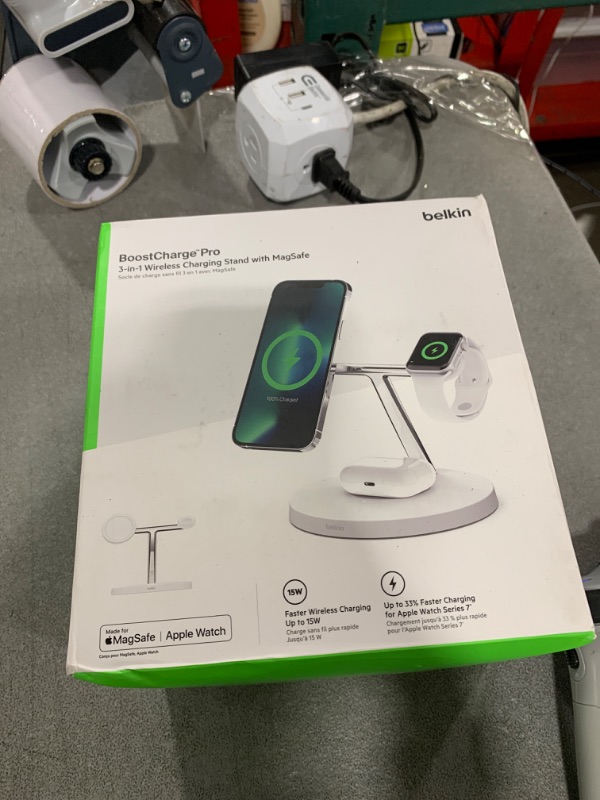 Photo 1 of Belkin MagSafe Charger, 3-in-1 Wireless Charging Stand, 2ND GEN, 33% Faster for Apple Watch, iPhone 16, iPhone 15, iPhone 14 Series, AirPods - MagSafe Charging Station for Multiple Devices - White