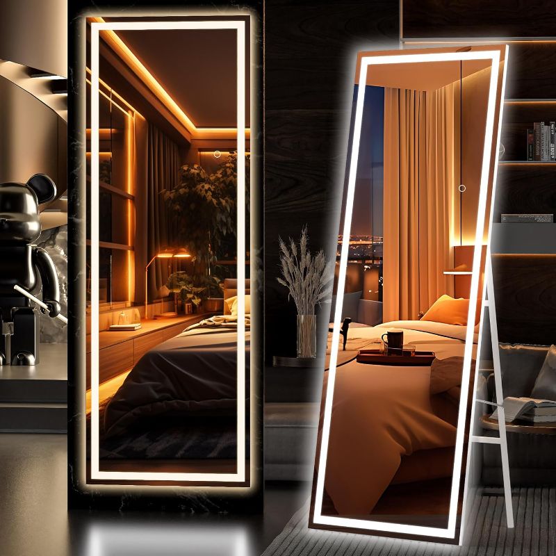 Photo 1 of Hasipu Full Length Mirror with Lights, 65" x 21.7" LED Floor Mirror, Full Body Dressing Standing, Hanging Mounted Mirror for Living Room Bedroom Cloakroom, Square 