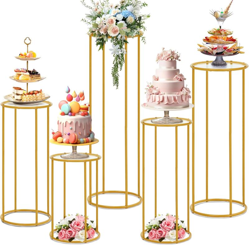 Photo 1 of Hicarer 5 Pcs Cylinder Pedestal Stands for Party Gold Metal Tall Cylinder Stands Cake Tables Round Vases Display Columns for Weddings Party Birthday Backdrop Decorations, Acrylic Top Plate